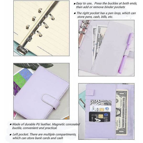 A6 Budget Binder med lynlås kuverter PU læder genopfyldelig pengebesparende binder Purple