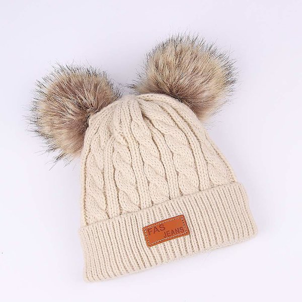 Toddler Woolen Hat Winter Twist Double Pom Pom Knitted Beanies Cap Mörkrosa Beige