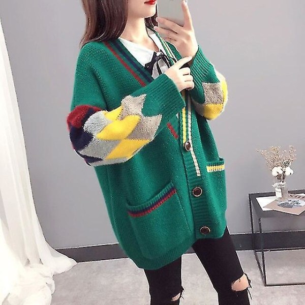 Uformell cardigan store bokstaver stemplet dame og varm tykk genser frakk Koreansk moteplagg Strikket kjole Strikket genser Vinter Color green