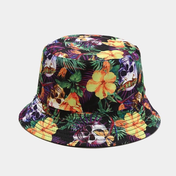 parts of folk pattern double-sided sunshade hats for men and women, outdoor sun protection fisherman hats, flowers + skeletons