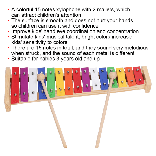 Färgglad 15-toners xylofon för barn, pedagogiskt musikinstrument med 2 klubbor