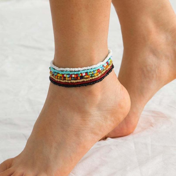7 bohemske fotlenker, flerlags beaded ankelarmbånd, flerfarget fotlenke Håndlagde perler fotsmykker for kvinner og jenter