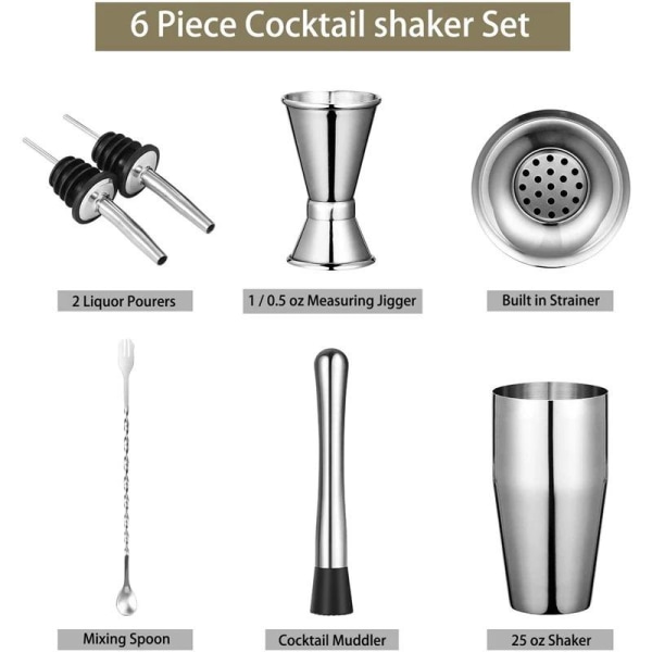6-delt cocktailsett i rustfritt stål, 550ml, shaker, målebeger, sil, støder