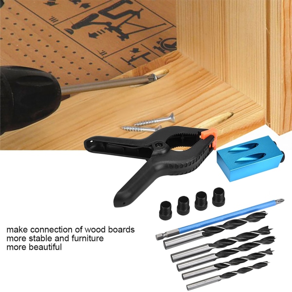 34 stk 15° Pocket Hole Drilling Kit Trebearbeiding Skråboreguidesett Positioner Locator Tool