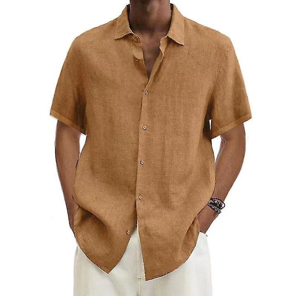 Summer Men's Cotton Linen Blouse - Loose Fit, Short Sleeve, Turn Down Collar, Button Closure (S-5XL) L khaki