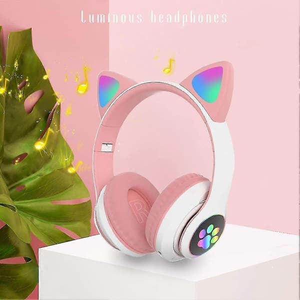 Gaming Headset Mode Bluetooth Katteøre LED Lys Op Trådløst Headset-Rosa
