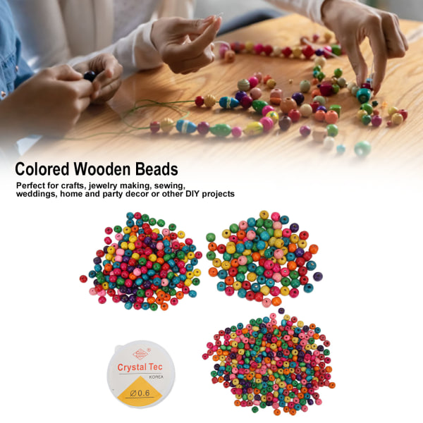 Diverse farver runde træperler til smykkefremstilling - 601 stk, 3 størrelser, gør-det-selv-håndværk