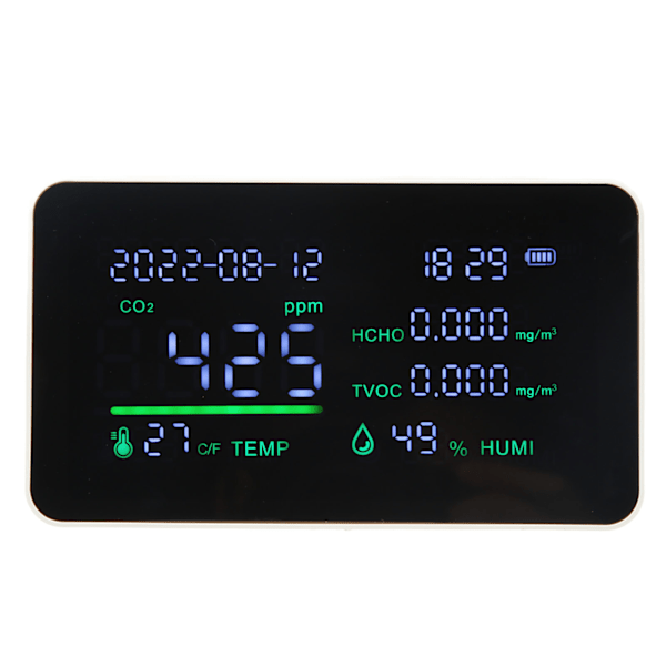 Luftkvalitetsmonitor CO2-detektor USB-opladning Kuldioxid HCHO Temperatur Fugtighed Detektor med Stor Skærmvisning Infrarød Modeller Hvid