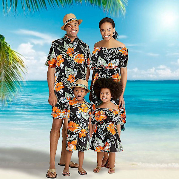 Hawaiiansk Luau matchande familjeoutfits för män, kvinnor, flickor och pojkar i svart med blomtryck Flicka-6-7Y