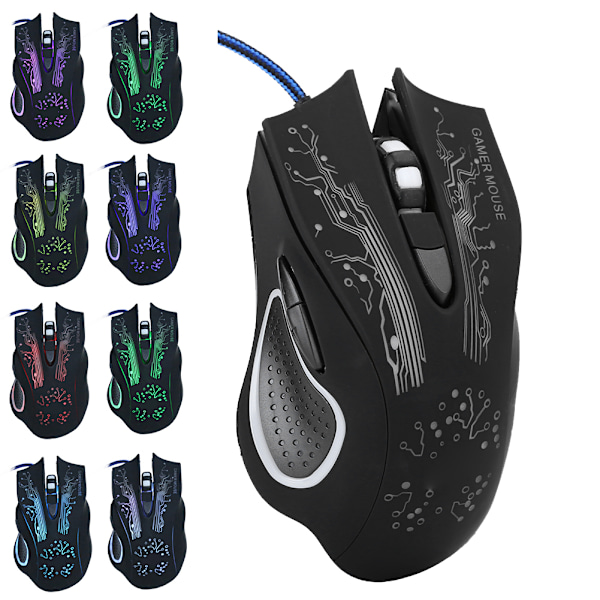 Kablet Mus LED Lysende 6 Tasters USB Hjemmekontor Gaming Universell Datatilbehør X11Svart