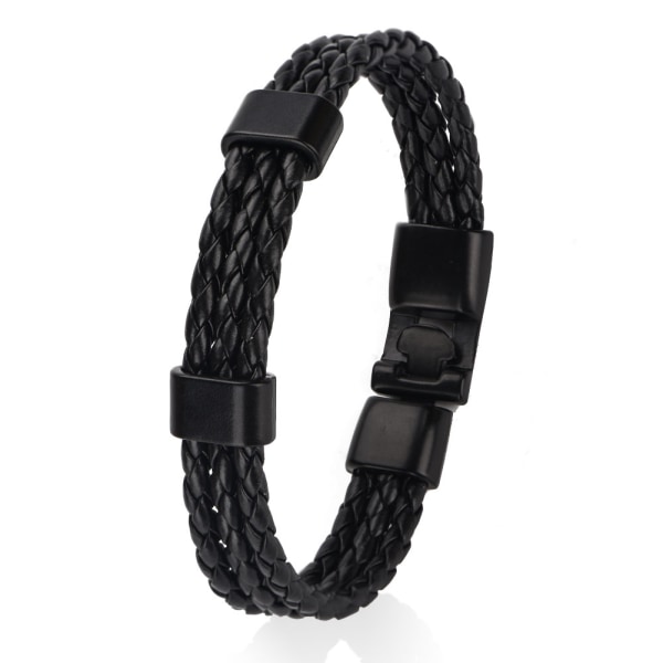 Fasjonabelt flerlags strikket armbånd for menn med PU-stropp og legeringsspenne (svart)