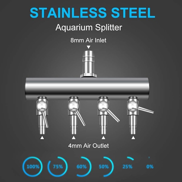 Akvarium luftstrømssplitter akvariumventil (4-vejs) luftkontrol i rustfrit stål Akvarium iltfordeler Aquariumluftpumpetilbehør