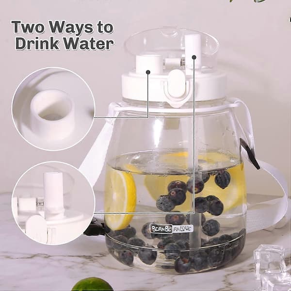 Cute water bottles with straw, 1300ml plastic water bottles with shoulder strap, suitable for adults, white