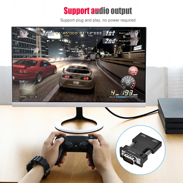 1080P HDMI Hona till VGA Hane med Ljudutgång Konverter Adapter