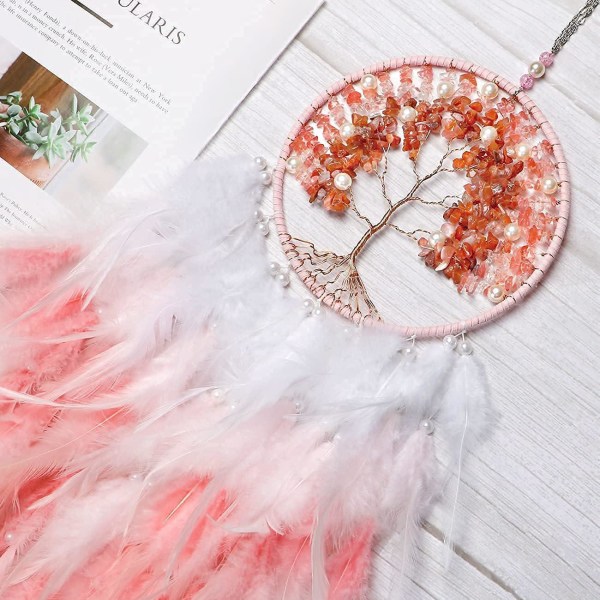 Håndlavet Bohemian Crystal Tree of Life Dreamcatcher Feather Dreamcatcher Boligindretning til soveværelse, bryllup, (Pink)