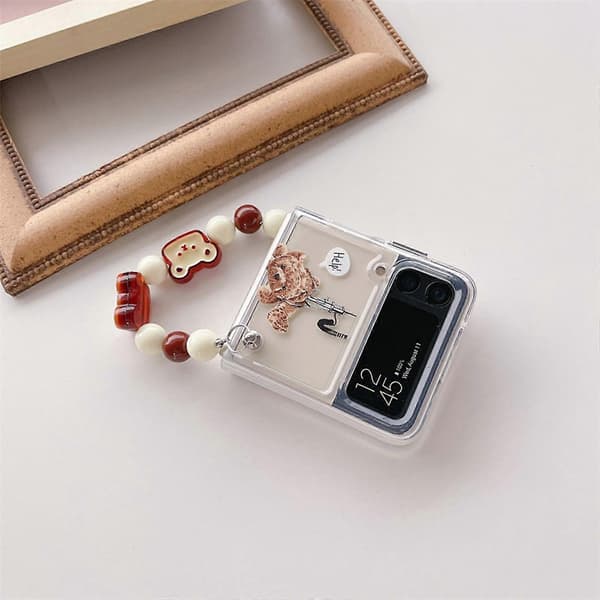 Transparent Case with Hand Strap Compatible with Samsung Galaxy Z Flip 4, Cute Bear Hard PC Protective Case