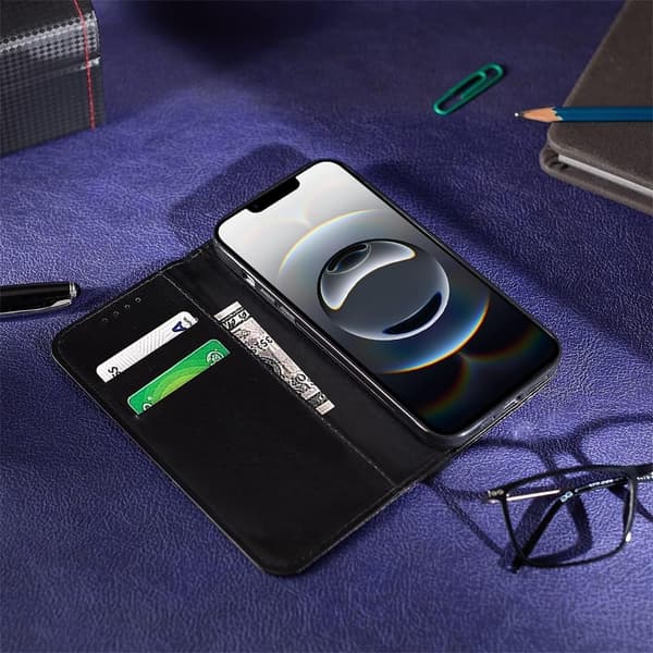 iPhone 16e Etui Flip Læderpung Bog Stativ Folio Kortholder Telefoncover iPhone 16e (SORT)