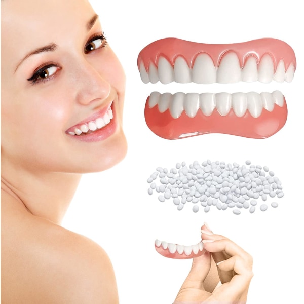 3 falske tænder, kosmetisk protesefiner til over- og underkæbe og naturlig nuance protesefiner til midlertidig genoprettelse af et selvsikkert smil