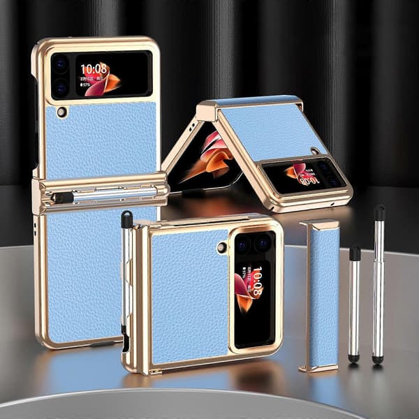 Plating Case Compatible With Samsung Galaxy Z Flip 4, Hard PC+Smooth Leather Shockproof Case With Hinge & Pen