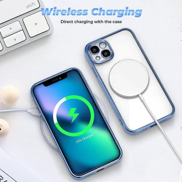 Case for iPhone 14, iPhone 14 (6.1 inch) Mobile Phone Case Compatible with Wireless Charging, Blue Edge Electroplated Soft TPU Shockproof Case for iPho
