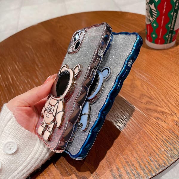 Plated Transparent Case Compatible With iPhone 14 Pro Max/14 Pro, Soft Shockproof TPU Cover With Astronaut Stand