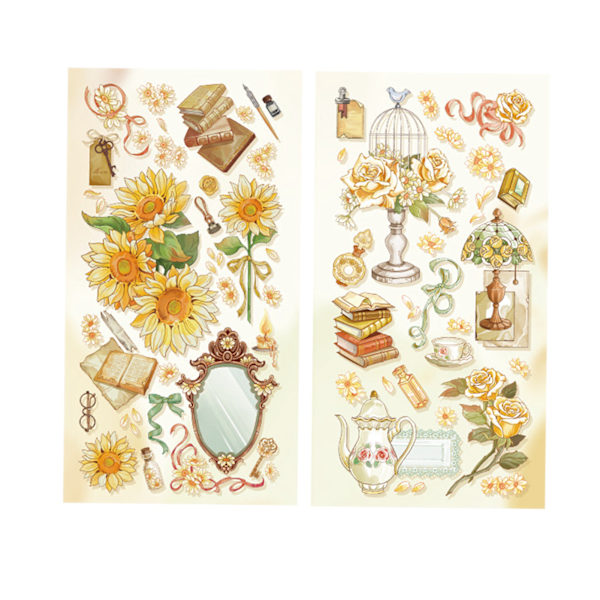 2 st Vintage Scrapbook Stickers Blommor Guldpläterad Bearbetning Papper Lätt att Applicera Långvarig Estetisk Sticker för Journal Gul