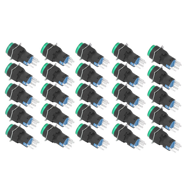25 st Momentära Knappbrytare med Självlåsning, 5-polig, 16 mm, med Ljus, 24V Set Kit för Utrustning, Grön