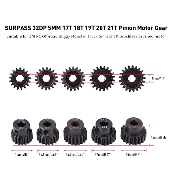 5 stk 32DP ￠5mm 17T-21T stålmotorgir deler sett for 1/8 RC bilmotor