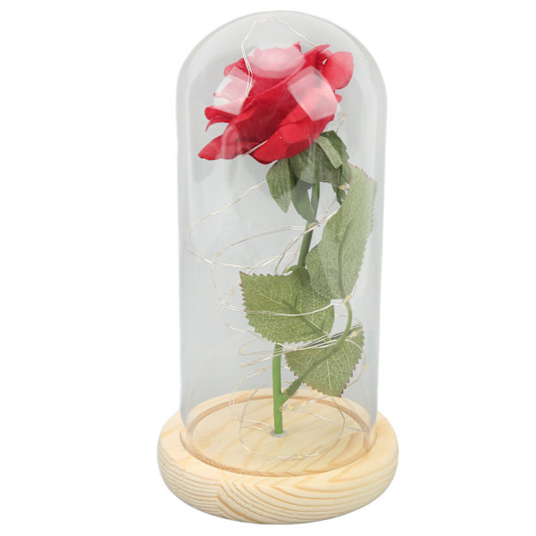 Ros i Glaskupa Lyckobringande Vacker Symbolism Romantisk Förtryllande Ros Romantiska Presenter med LED-Ljus för Alla Hjärtans Dag Grönt Blad Safflor