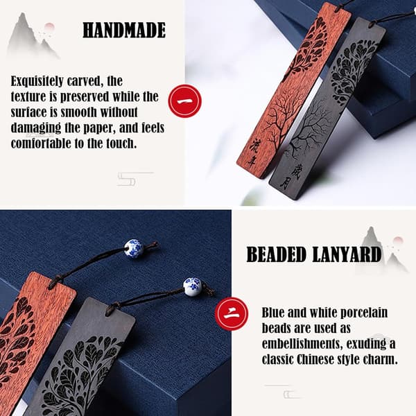 2 Pcs Vintage Handmade Sandalwood Bookmarks, Packaged in Box