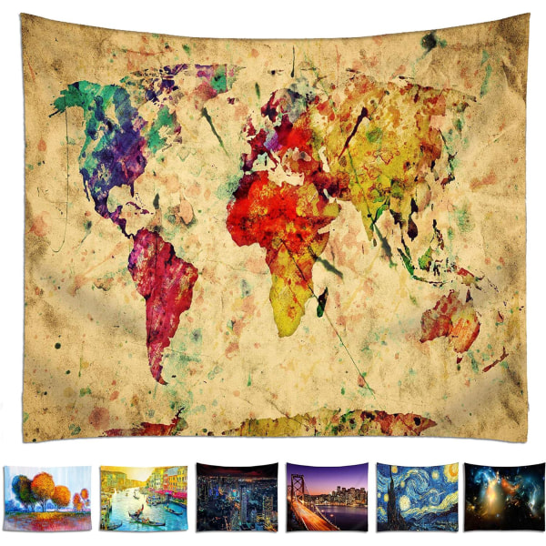 (130 x 150 cm) Världskarta gobeläng, vägghängande med mycket detaljerat print