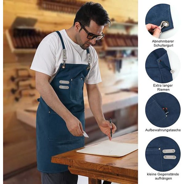 Marine svejseforklæde - 80*56 cm - Arbejdsforklæde med lommer, justerbare krydsremme, kan bæres af mænd og kvinder, velegnet til have, køkken, garage