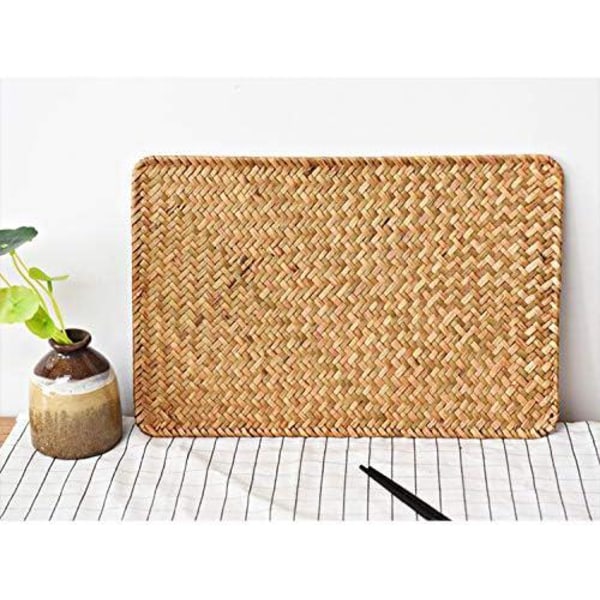 Set med 4 Wicker bordstabletter, 43 x 30 cm, rektangulära bordstabletter i rotting, bordstabletter av naturligt sjögräs för middag/soffbord