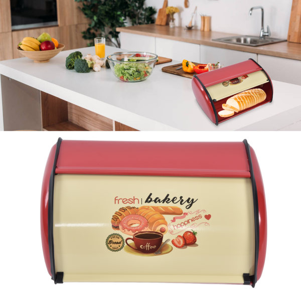 Metallinen leipälaatikko keittiön työtasolle, suuren kapasiteetin leipäsäiliön pidikesäiliö, jossa rullakannen punainen