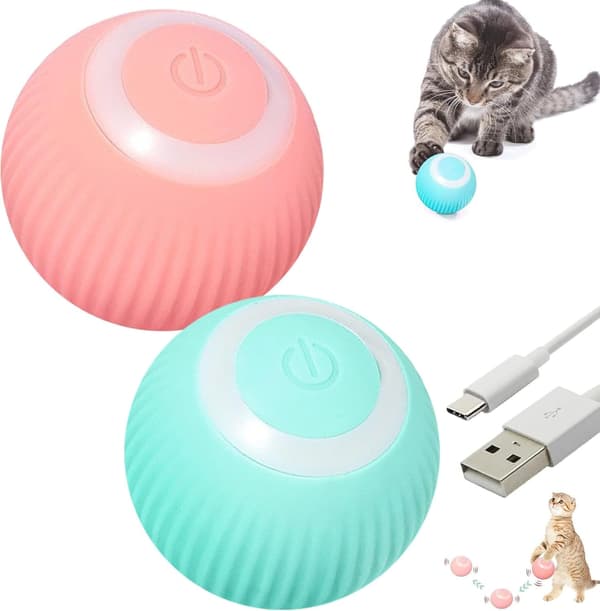 2 Pcs Cat Toy Automatic Rolling Ball, Automatic Moving Rolling Ball for Indoor Cats with USB Charging (Pink & Blue)