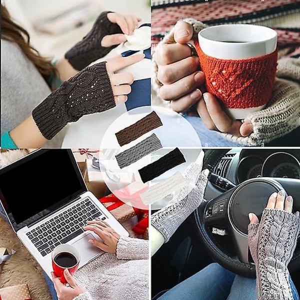 Vinterfingerløse votter - lysegrå, stretchy strikkede hansker for kvinner, 4 par