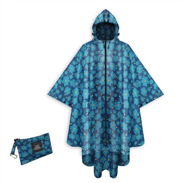 Poncho Light Raincoat - Marinblå blommig, vattentät och andas poncho med hatt