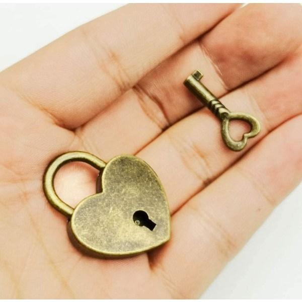 Sæt med 2 mini（45*59*8mm） antik vintage stil archaize hængelås med nøgle, mini antik bronze hængelås (hjerte)