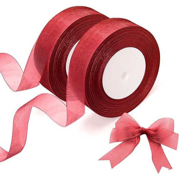 2 Rolls Organza Ribbon (Red Ribbon), Sheer Chiffon Ribbon, Each 20mm x 45m, Used for DIY, Gift Wrapping Ribbon, Birthday Party Ribbon Decoration