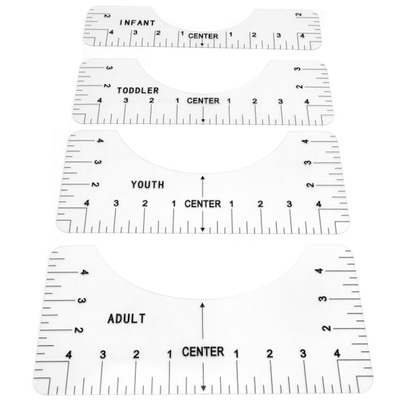 4 kpl T-paita viivaimen ohjain kohdistustyökalu aikuisille nuorille taaperoille vauvoille vaatteiden mittausviivain läpinäkyvä