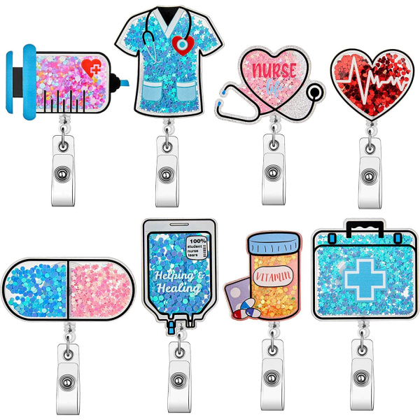 8-delers sykepleier kvikksandkjole akryllappemerke med uttrekkbar klips, studentgave, uttrekkbar I.D. Spenne, merkespenne