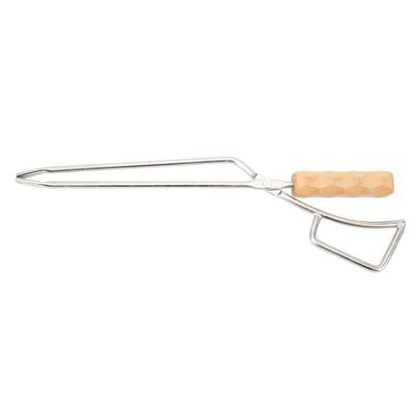 Bålpinsett i rustfritt stål, kraftig, lang, bred og tykk, med bøkehåndtak, for grill og peis