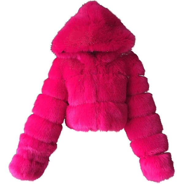 Women's Plus Size Fleece Cropped Bubble Coat with Hood - Warm Winter Jacket Medium Hot Pink