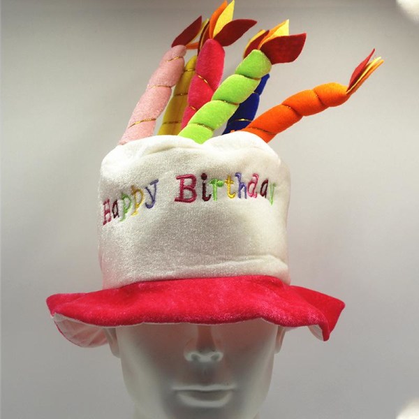 Red Plush Happy Birthday Cake Hat - Fancy Dress Party Hat - Perfekt som festfavoritt, klestilbehør