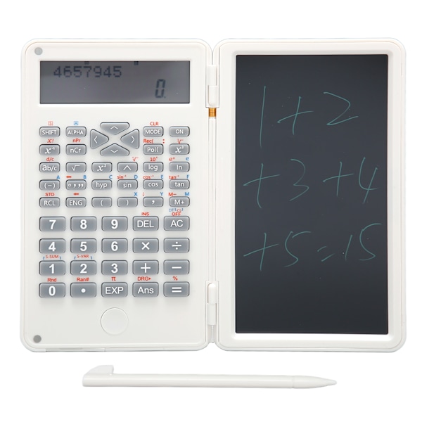 Lommeregner med notesblok, bærbar, 10 cifre LCD-display, videnskabelig lommeregner til skole, kontor, møder og familie, hvid