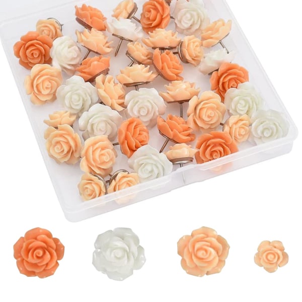 40 kpl ruusukukan muotoisia hartsiniittejä - oranssi, neulat, niitit toimistokortteihin, valokuvat, muistilaput