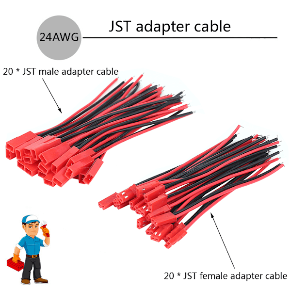 20 kpl JST-urosjohtoja, 20 kpl JST-naarasjohtoja, 24 AWG 2-nastainen liitäntäjohto RC Lipo-akulle