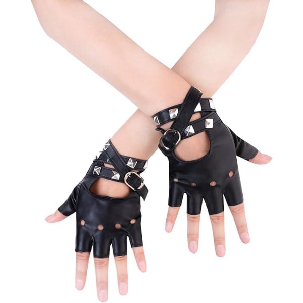 Naisten PU-nahkaiset punkkäsineet (mustat) Half Finger Performance -käsineet, joissa on nastoitettu hihna tai solki
