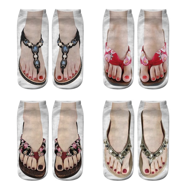 4 paria Funny Flip Flop print 3D-kuvioiset sukat printed sukat Matalat nilkkasukat Juoksujooga-sukat