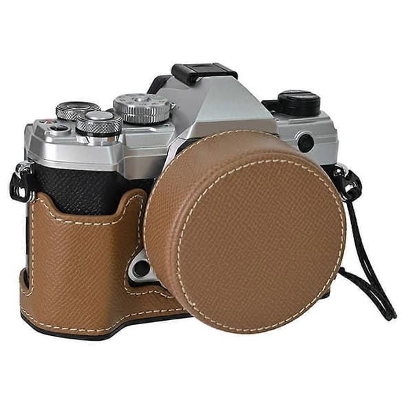 For Olympus OM-5 Camera Case Half-Wrapped Leather Bottom with Lens Cap - Khaki